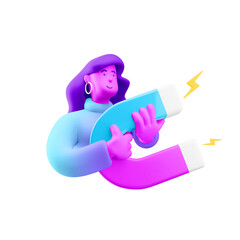 3d illustration. Cartoon girl 3d character with big magnet.