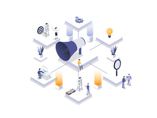 Marketing division isometric vector concept. Business people working in office and connected to a big megaphone