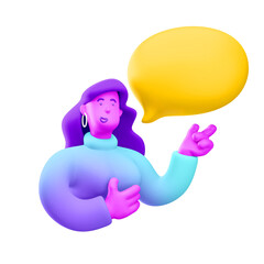3d illustration. Cartoon girl 3d character with bubble talk. Conversation concept. 