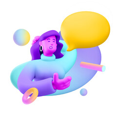 3d illustration. Cartoon girl 3d character with bubble talk. Conversation concept. 