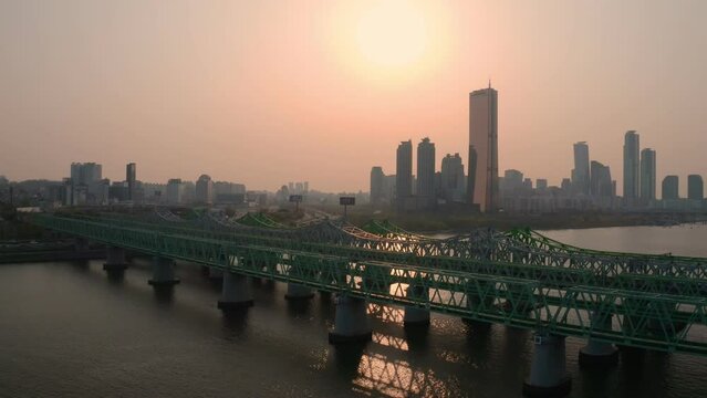 [korea drone footage] hangang city landscape, Seoul, Korea, Yeouido, sunset, large bridge