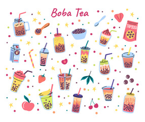Vector boba tea types doodle set. Tapioca bubble tea drinks in plastic cups with straws, mason jars and glasses. Different ingredients and drinks flying. Berries in spoon, plate, cherry, apple fruits