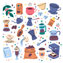 Vector coffee preparation equipment doodle set. Coffee brew tools isolated. Berries on branch, paper filter, coffee machine, sugar illustration. Kettle, spoon, paper cup and french press utensils