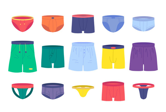 Vector man underwear types doodle set. Different man underpants. Briefs, boxers and jockstraps clothing illustration. Swimming trunks, sports underwear with buttons, laces and pockets