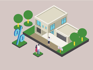 Couple looking at new home with interest rates sign