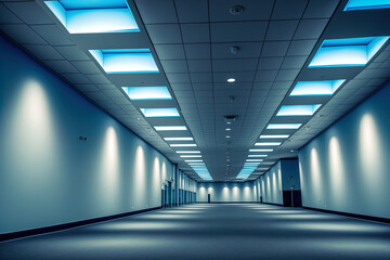 Obraz premium a contemporary exhibition hall with diode lighting beneath the ceiling lamps. Generative AI