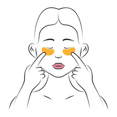 Eye patches applying icon vector. Face skincare under eye, treatment, spa procedure, lifting. Girl shows how to cleaning, use cosmetic eyes patches.