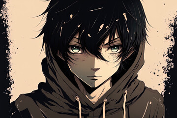 Black haired anime boy with hoodie, attractive anime character. Generative AI