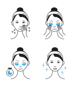 Eye patches applying icon vector. Face skincare under eye, treatment, spa procedure, lifting. Girl shows how to cleaning, use cosmetic eyes patches.