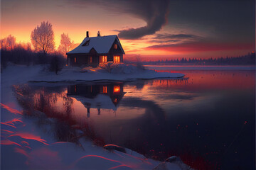 Winter in the village. Evening. A small house. - obrazy, fototapety, plakaty