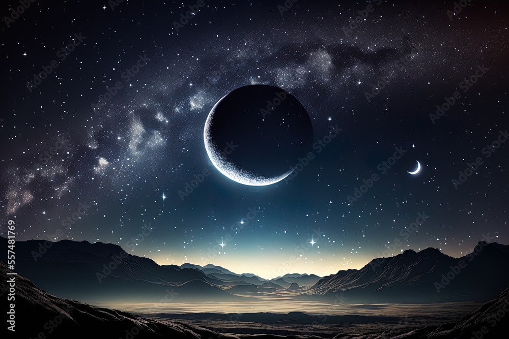 Wall mural dark starry sky with a dazzling moon is illuminated by a galaxy banner. generative ai