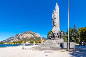 The Monument to the Fallen, or Monumento Ai Caduti, along the coast of the lakefront town of Lecco, Italy, in the southeastern area of Lake Como, in northern Italy. 