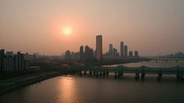 [korea drone footage] hangang city landscape, Seoul, Korea, Yeouido, sunset, large bridge