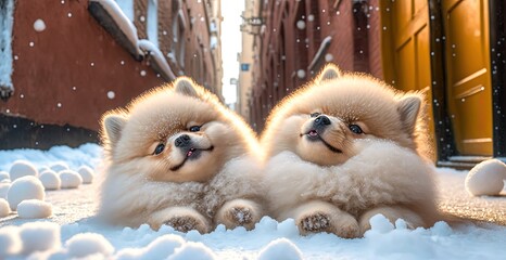 illustration of cute twin puppies lay down on cold street, winter cold weather snow falling with cityscape as background