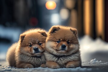 illustration of cute twin puppies lay down on cold street, winter cold weather snow falling with cityscape as background