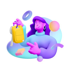 3d illustration. Cartoon girl 3d character with car keys.