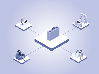 Fototapeta premium People working with laptop connecting to briefcase. Freelancer work from home