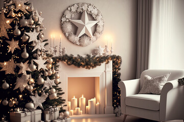 Christmas composition on the inside living room's white chimney, with lovely adornment. Christmas wreath and tree, lit with candles and stars. copy room template. Generative AI