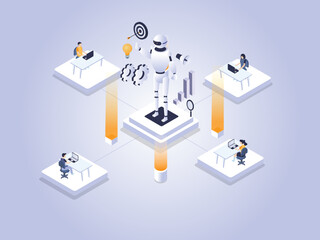 Artificial intelligence technology isometric vector concept. Robot giving idea and training on human to manage a business