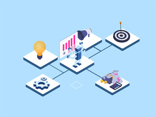 RPA Robotic process automation innovation technology concepts. Robot working with financial graph on the virtual screen connected to money, gear, lightbulb, megaphone, and dartboard.
