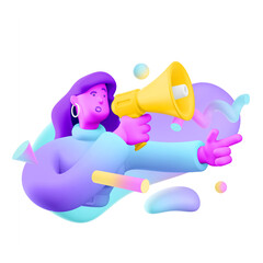 3d illustration. Cartoon girl 3d character with loudspeaker. Social media, Advertising and promotion concept.