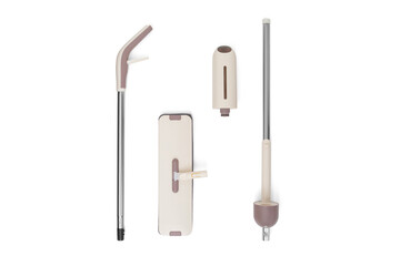 Microfiber spray mop. Modern floor mop with a water tank. Spray microfiber floor flat mop. Isolated, Disassembled into parts.