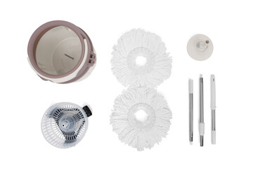 Mop and plastic bucket on white background. Cleaning service. Isolated, Disassembled into parts. Top view