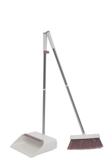 Kit of the plastic broom with gray bristles for sweeping floors and long-handled dustpan on a white...
