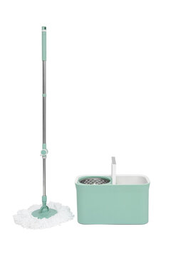 Mop and plastic bucket on white background. Cleaning service