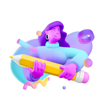 3d illustration. Cartoon girl 3d character with pencil. Concept of creativity.