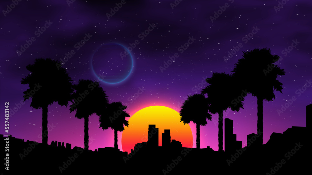 Wall mural waporwave retro sunset with palms on the beach. neon landscape futuristic galaxy background. - Wall murals