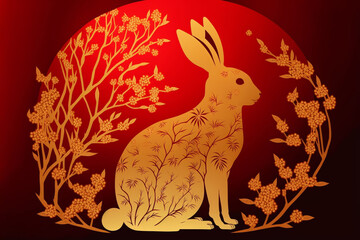 Happy Chinese New Year 2023, Golden Rabbit zodiac sign on red color background. AI illustration