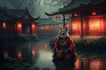 Das Jahr des Wasser Hasen Illustration, chinesisches Horoskop und Neujahrsfest, Laternenfest - obrazy, fototapety, plakaty
