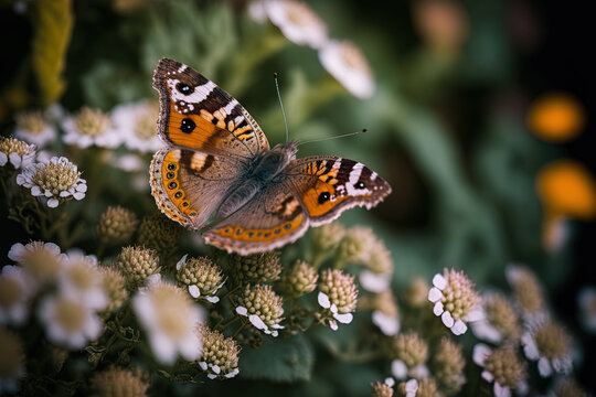 photograph of a butterfly on a plant in shallow focus. Generative AI
