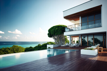 opulent seaside villa with pool and patio that overlooks the ocean. wooden deck at a resort or vacation house. of a modern vacation home's façade. Generative AI