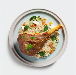 Baked pork knuckle with rice and vegetables on a plate. Close-up