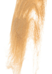 Naklejka premium Small size fine Sand flying explosion, Golden grain wave explode. Abstract cloud fly. Yellow colored sand splash silica in Air. White background Isolated high speed shutter, throwing freeze shot