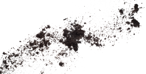 Black Fertilize Soil ready to planting, good organic soils with root for garden farming, fine detail of soil throw fly in air with dust dirty. High speed freeze shot over White background Isolated.