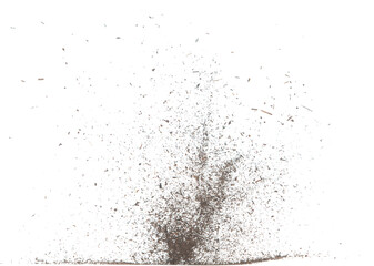Black dried leave Tea explode. Small Fine size tea leaf flying explosion, Abstract cloud fly. Brown...