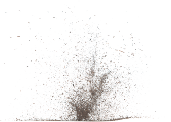 Black dried leave Tea explode. Small Fine size tea leaf flying explosion, Abstract cloud fly. Brown colored Teas splash throwing in Air. White background Isolated high speed shutter, throwing freeze