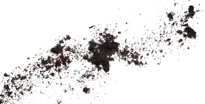 Black Fertilize Soil ready to planting, good organic soils with root for garden farming, fine detail of soil throw fly in air with dust dirty. High speed freeze shot over White background Isolated.