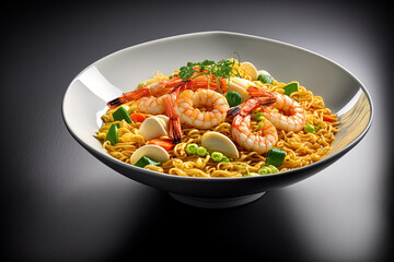 Instant noodles stir fried with prawns and crab sticks in a white dish. Generative AI