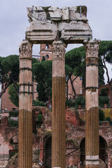 Columns of ancient temple in historic district of city
