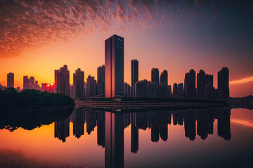 Fototapeta na wymiar View of Yeouido's cityscape at dawn in Seoul. Generative AI