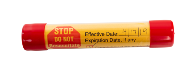 Isolated red and yellow medical emergency do not resuscitate order tube