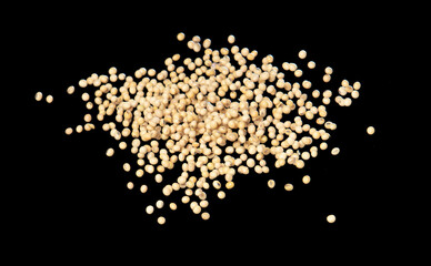 Soy Bean flying explosion, yellow grain beans explode abstract cloud fly. Beautiful complete seed pea soy bean splash in air, food object design. Selective focus freeze shot black background isolated