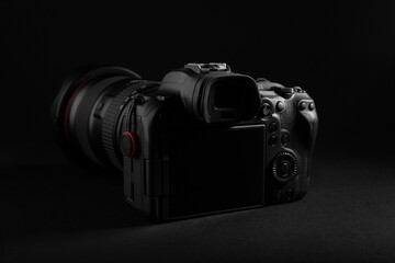 Professional mirrorless camera with premium lens in dark background