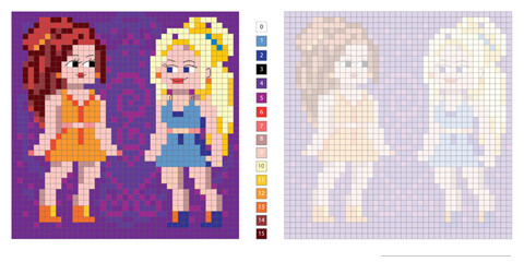 Fototapeta na wymiar pixel illustration vector, two girlfriends, pixel art, embroidery, coloring by cells for the development of children and adults, the development of counting logic, motor skills and imagination