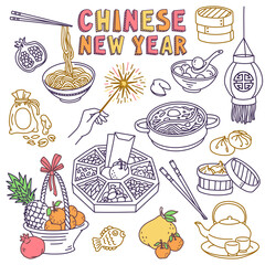 Chinese New Year traditional food doodle set. Hand drawn vector illustration. Outline stroke is not expanded, stroke weight is editable