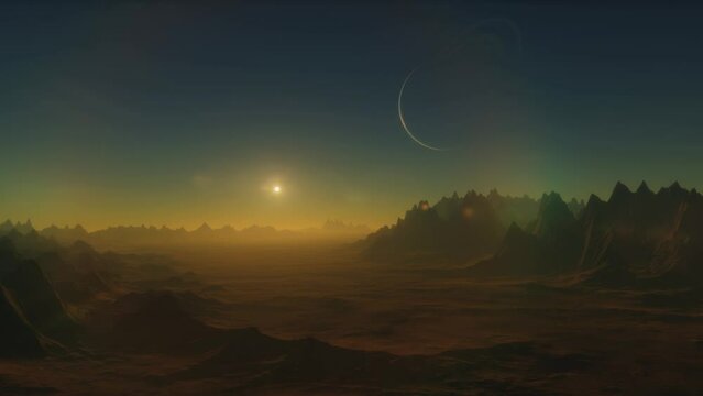 Rocky surface of an alien planet. Lifeless landscapes on another planet. Alien exoplanet in another solar system. 3d animation of planet in space.
